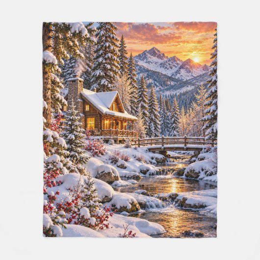 Winterliche Waldhütte Fleecedecke (Vorderseite)