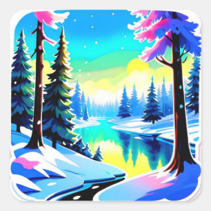 Winterliche Waldlandschaft mit schneebedeckten Bäu Quadratischer Aufkleber