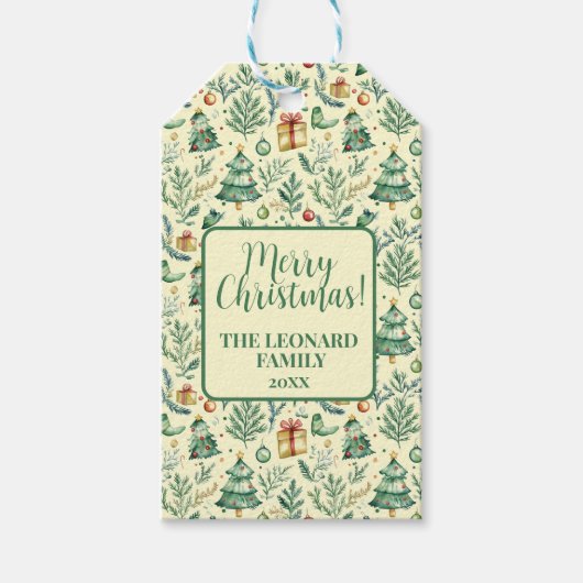 Winterliche Weihnachtsbäume, Geschenke und Ornamen Geschenkanhänger (Vorderseite)