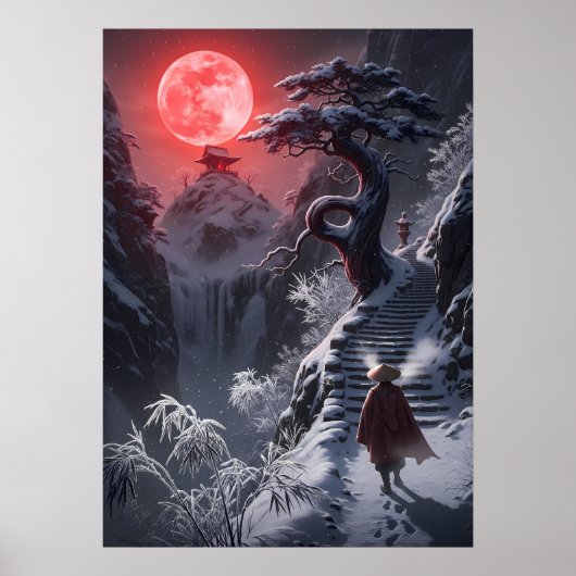 Winterliche Zen-Reise: Roter Mondtempel Poster (Vorne)