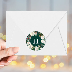 Winterlicher Blumenkranz Grüner Monogramm-Feiertag Runder Aufkleber