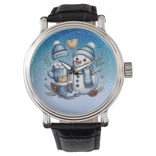 Winterlicher gemütlicher Schneemann Armbanduhr (Vorderseite)