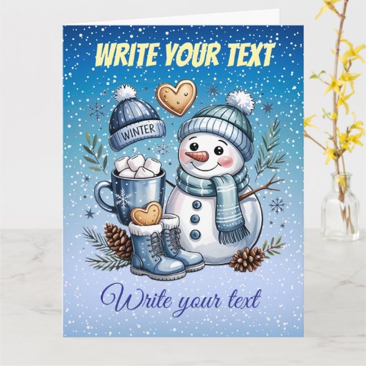 Winterlicher gemütlicher Schneemann Karte (Gelbe Blume)
