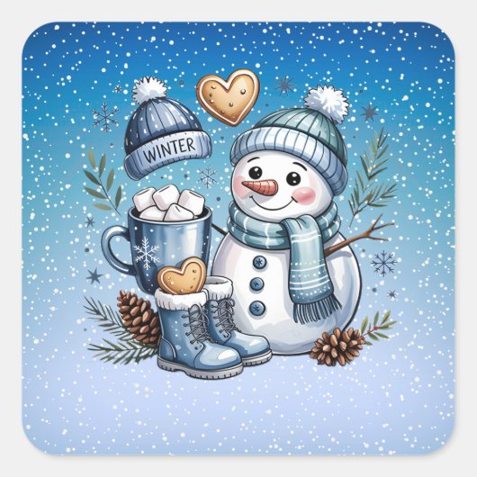 Winterlicher gemütlicher Schneemann Quadratischer Aufkleber (Vorderseite)