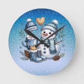 Winterlicher gemütlicher Schneemann Runde Wanduhr (Vorderseite)