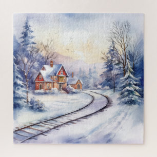Winterlicher Schneebahnhof und Gleise Puzzle