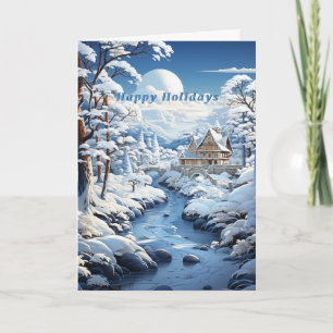 Winterlicher Wald, ländliche Kirche, gefrorener Fl Karte