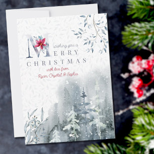 Winterlicher Wald und Weihnachtsstern in wässriger Feiertagskarte