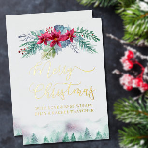 Winterlicher Wald und Weihnachtsstern Wasserfarbe Folien Feiertagskarte