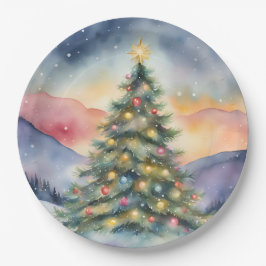 Winterlicher Weihnachtsbaum Schnee Sonnenuntergang Pappteller
