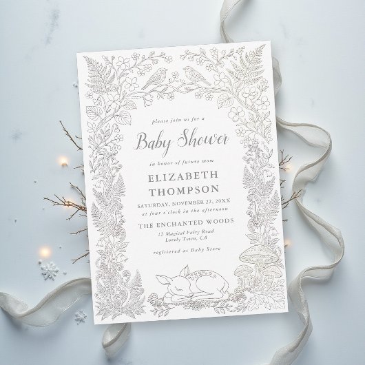 Winterliches Babyshower-Märchenbuch im Waldthema Einladung