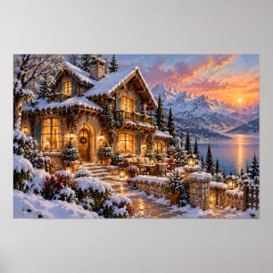 Winterliches Chalet am See unter einem goldenen So Poster
