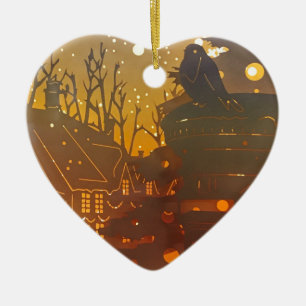 Winterliches Dorfszenario zur Nachtzeit Keramik Ornament