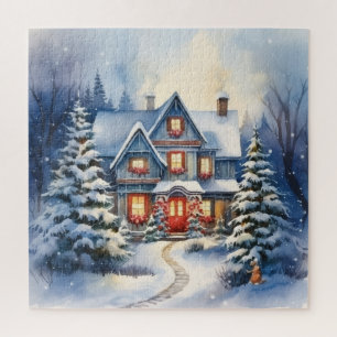 Winterliches Schnee-Weihnachtshaus und Weg  Puzzle