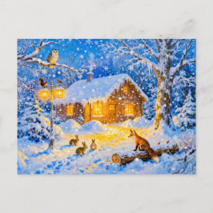 Winterliches Waldhäuschen mit Waldtieren Postkarte