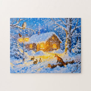 Winterliches Waldhäuschen mit Waldtieren Puzzle