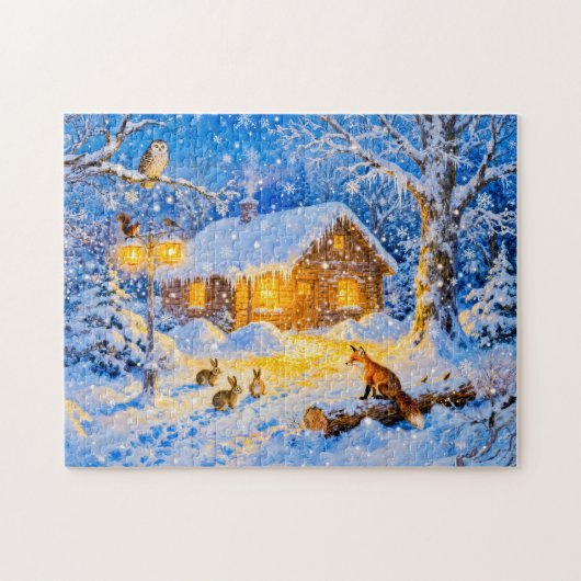 Winterliches Waldhäuschen mit Waldtieren Puzzle (Horizontal)