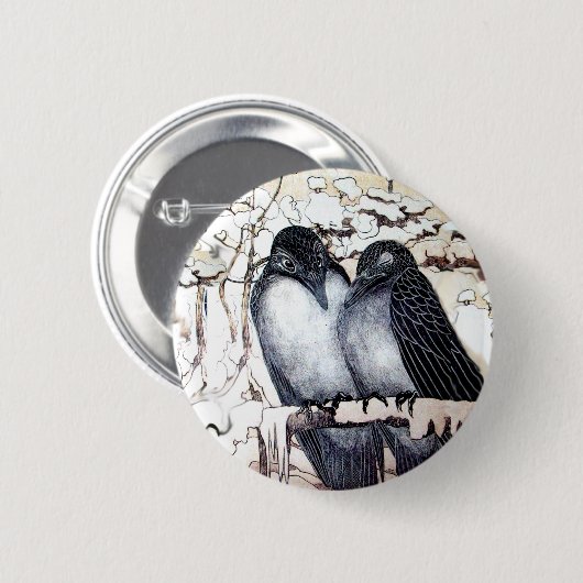 WINTERLIEBE VÖGEL IM SCHNEE Schwarz-weiß Button (Vorne & Hinten)