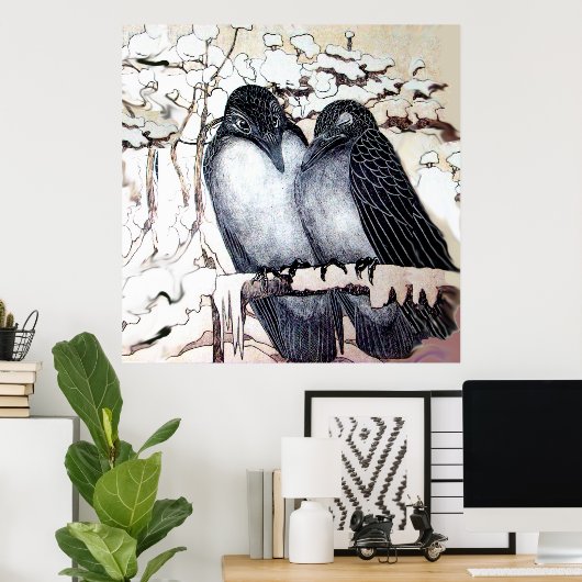 WINTERLIEBE VÖGEL IM SCHNEE Schwarz-weiß Poster (Heimbüro)