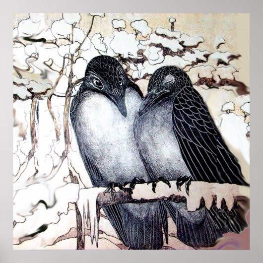 WINTERLIEBE VÖGEL IM SCHNEE Schwarz-weiß Poster (Vorne)