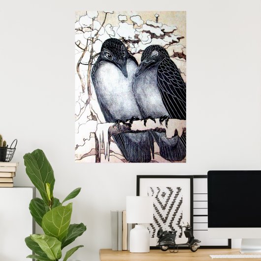WINTERLIEBE VÖGEL IM SCHNEE Schwarz-weiß Poster (Heimbüro)