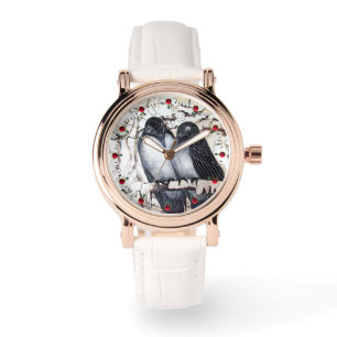 WINTERLIEBE VÖGEL IM SCHNEE Schwarz-Weiß Zeichnend Armbanduhr