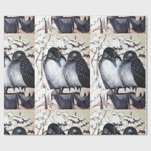 WINTERLIEBE VÖGEL IM SCHNEE Schwarz-Weiß Zeichnend Geschenkpapier (Flach)