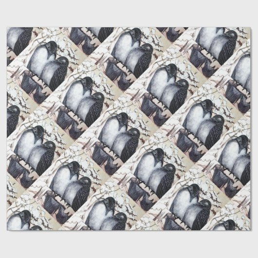 WINTERLIEBE VÖGEL IM SCHNEE Schwarz-Weiß Zeichnend Geschenkpapier (Flach)
