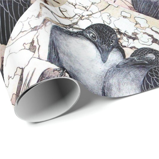 WINTERLIEBE VÖGEL IM SCHNEE Schwarz-Weiß Zeichnend Geschenkpapier (Rolleneckpunkt)