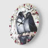WINTERLIEBE VÖGEL IM SCHNEE Schwarz-Weiß Zeichnend Große Wanduhr (Winkel)