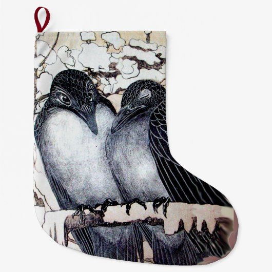 WINTERLIEBE VÖGEL IM SCHNEE Schwarz-Weiß Zeichnend Großer Weihnachtsstrumpf (Vorderseite)