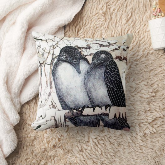 WINTERLIEBE VÖGEL IM SCHNEE Schwarz-Weiß Zeichnend Kissen (Decke)
