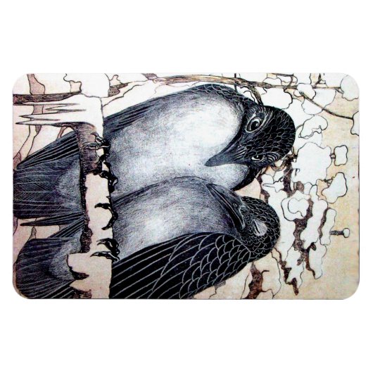 WINTERLIEBE VÖGEL IM SCHNEE Schwarz-Weiß Zeichnend Magnet (Horizontal)