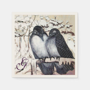 WINTERLIEBE VÖGEL IM SCHNEEMONOGRAM Schwarz-weiß Serviette