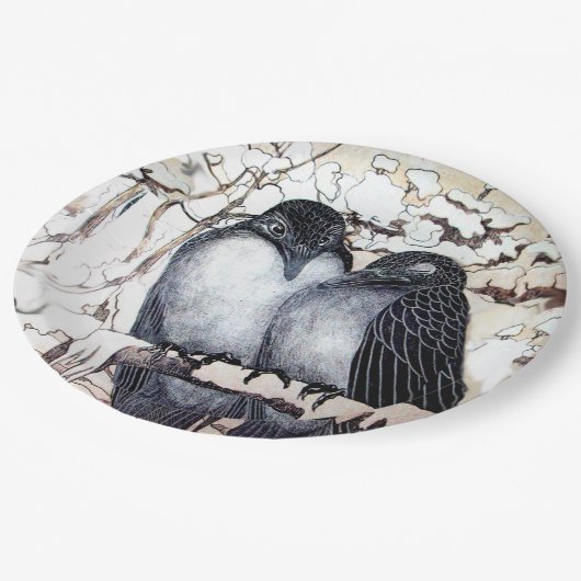 WINTERLIEBE VÖGEL IN SCHNEEPAPIERPLATTE PAPPTELLER (Schrägansicht)