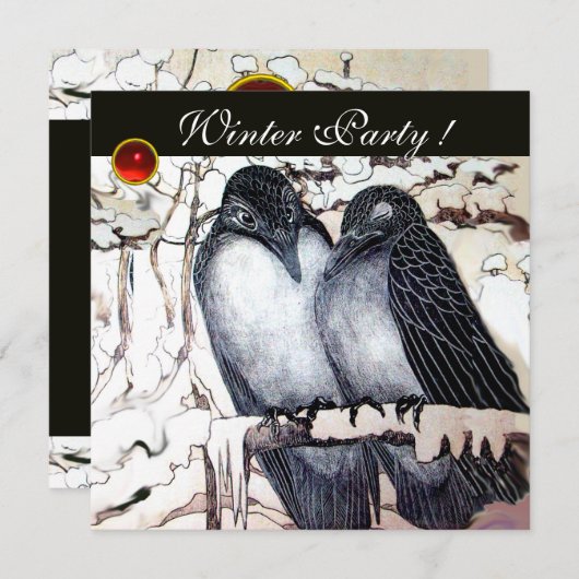 WINTERLIEBE VÖGEL SCHWARZ-WEISS ROT GEM MONOGRAM EINLADUNG (Vorne/Hinten)