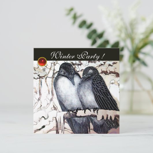 WINTERLIEBE VÖGEL SCHWARZ-WEISS ROT GEM MONOGRAM EINLADUNG (Stehend Vorderseite)