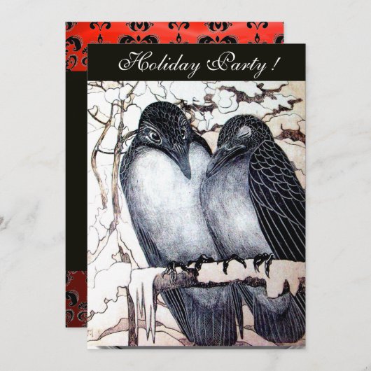 WINTERLIEBE VÖGEL SCHWARZ-WEISSES ROTES DAMASK-MON EINLADUNG (Vorne/Hinten)