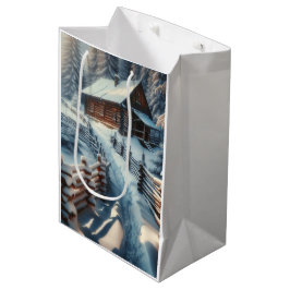 Winterlogmelkabine an einem schneebedeckten Weihna Mittlere Geschenktüte