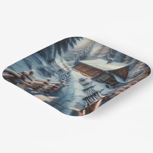 Winterlogmelkabine an einem schneebedeckten Weihna Pappteller (Gewinkelt)