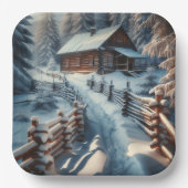 Winterlogmelkabine an einem schneebedeckten Weihna Pappteller (Vorderseite)