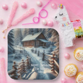 Winterlogmelkabine an einem schneebedeckten Weihna Pappteller (Party)