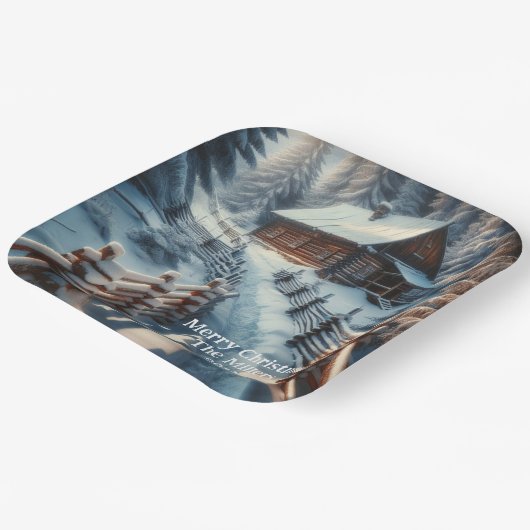 Winterlogmelkabine an einem schneebedeckten Weihna Pappteller (Gewinkelt)