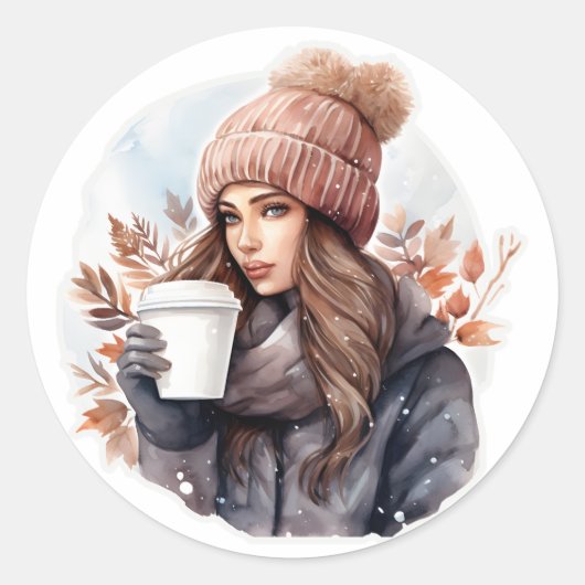 Wintermädchen in Aquarellform mit Kaffee Runder Aufkleber (Vorderseite)