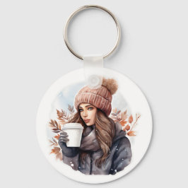 Wintermädchen in Aquarellform mit Kaffee Schlüsselanhänger