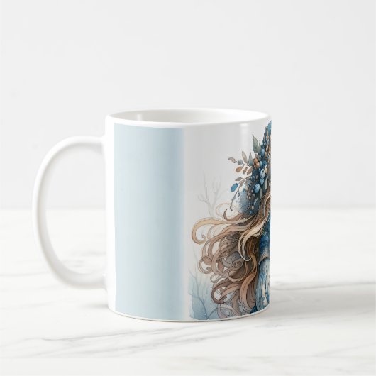 Wintermädchen mit Vogel im blauen Blumenmantel Kaffeetasse (Links)