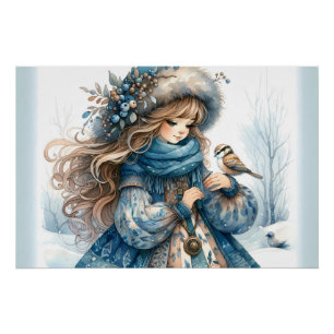 Wintermädchen mit Vogel im blauen Blumenmantel Poster