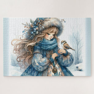 Wintermädchen mit Vogel im blauen Blumenmantel Puzzle