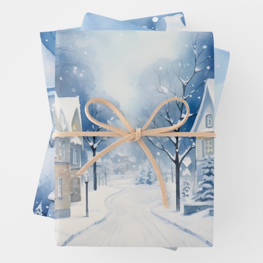 Wintermärchen Schneehäuser Scene Blue und White Geschenkpapier Set (Beispiel)