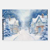 Wintermärchen Schneehäuser Scene Blue und White Geschenkpapier Set (Vorderseite)
